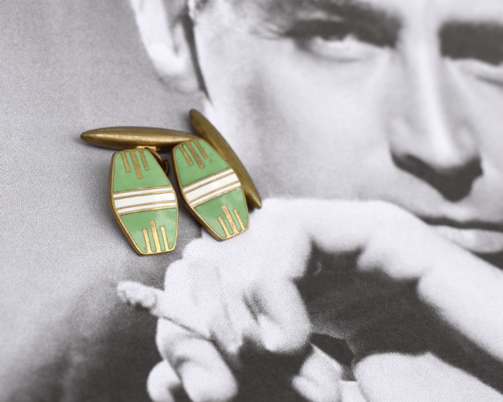 Art Deco Original Gentleman's Green & White Enamel Cufflinks, English, C1930 View V