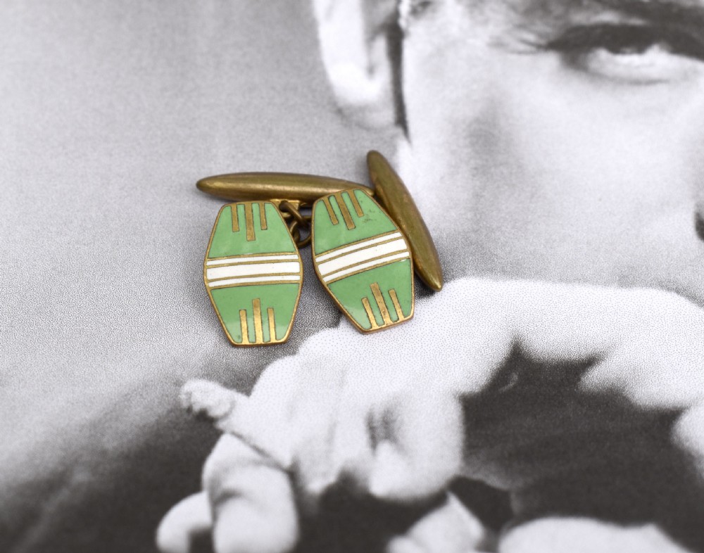 Art Deco Original Gentleman's Green & White Enamel Cufflinks, English, C1930 View VI