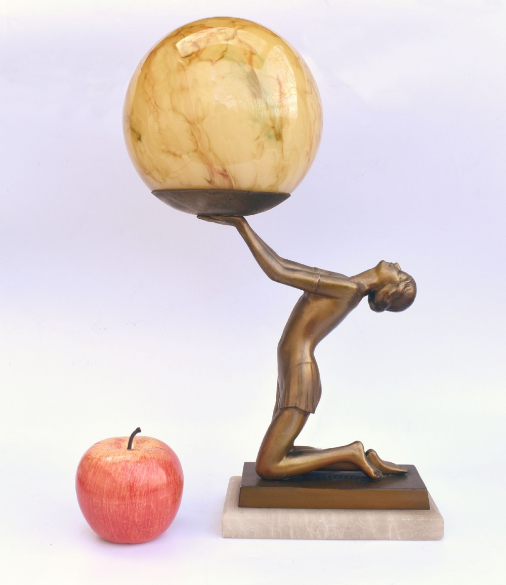 Art Deco Large & Original Figural Table Lamp, Spelter & Glass , c1930