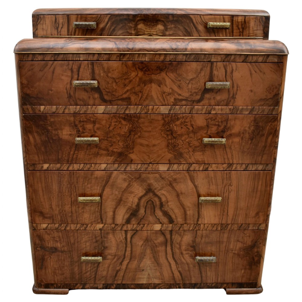 Art Deco English Burr Walnut Chest Of Five Drawers,  c1930's 