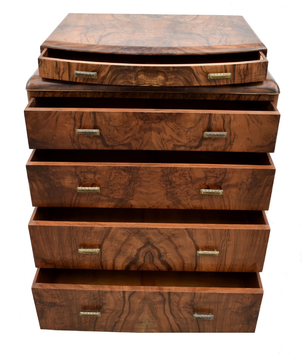 Art Deco English Burr Walnut Chest Of Five Drawers,  c1930's  View II