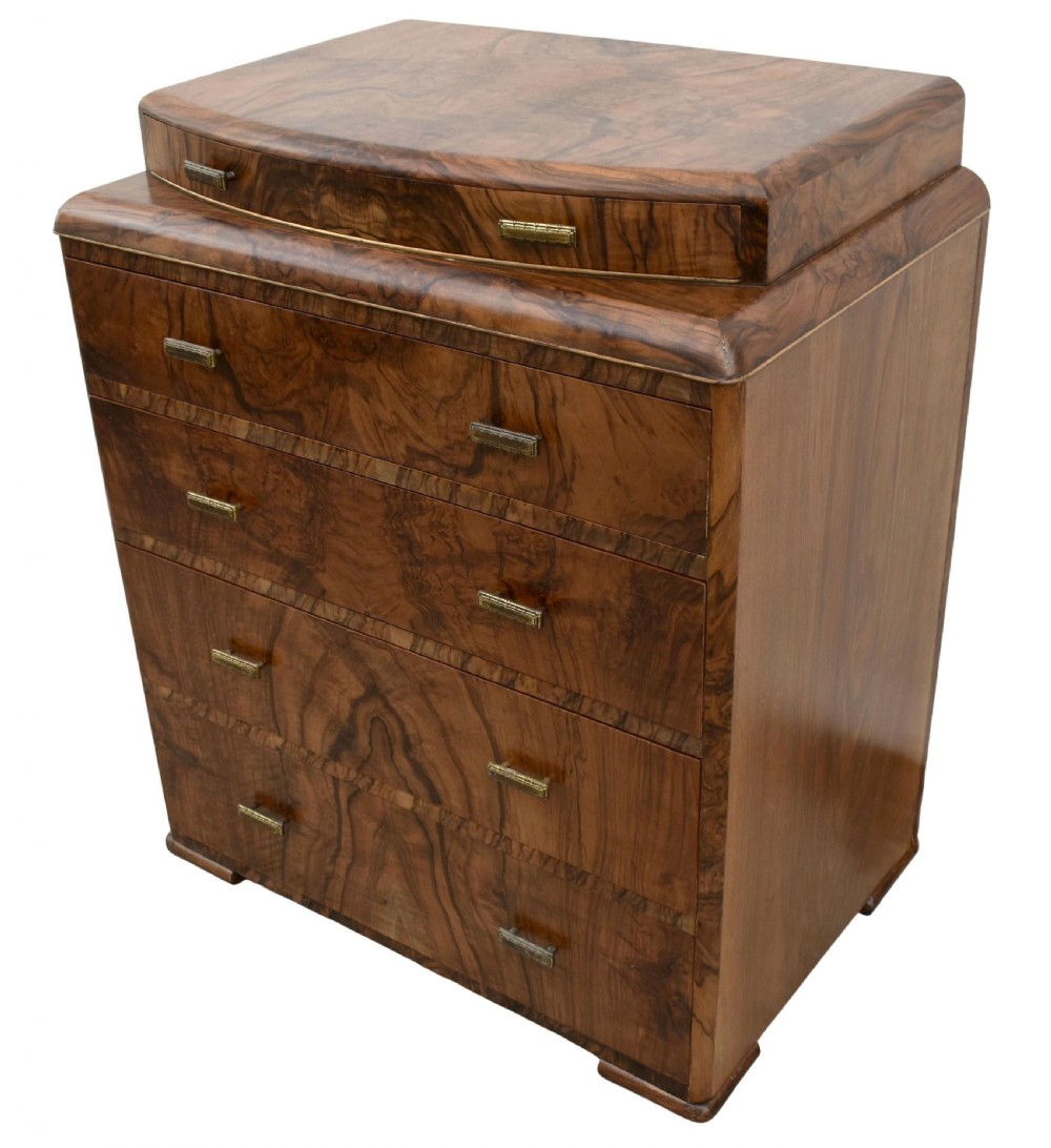 Art Deco English Burr Walnut Chest Of Five Drawers,  c1930's  View VII
