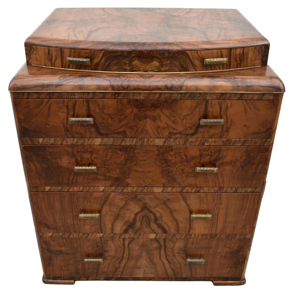 Art Deco English Burr Walnut Chest Of Five Drawers,  c1930's  View VIII