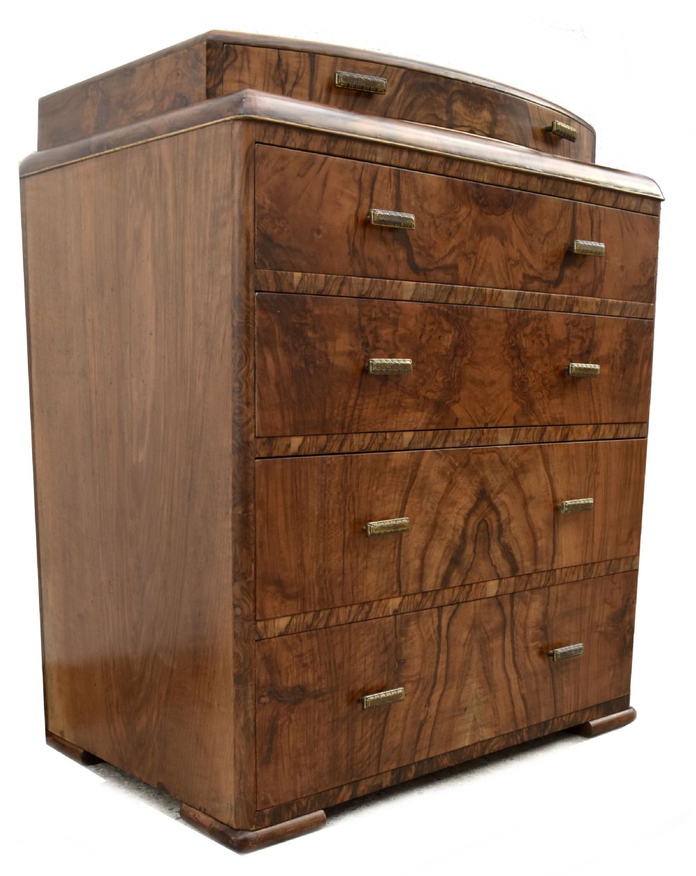 Art Deco English Burr Walnut Chest Of Five Drawers,  c1930's  View IX