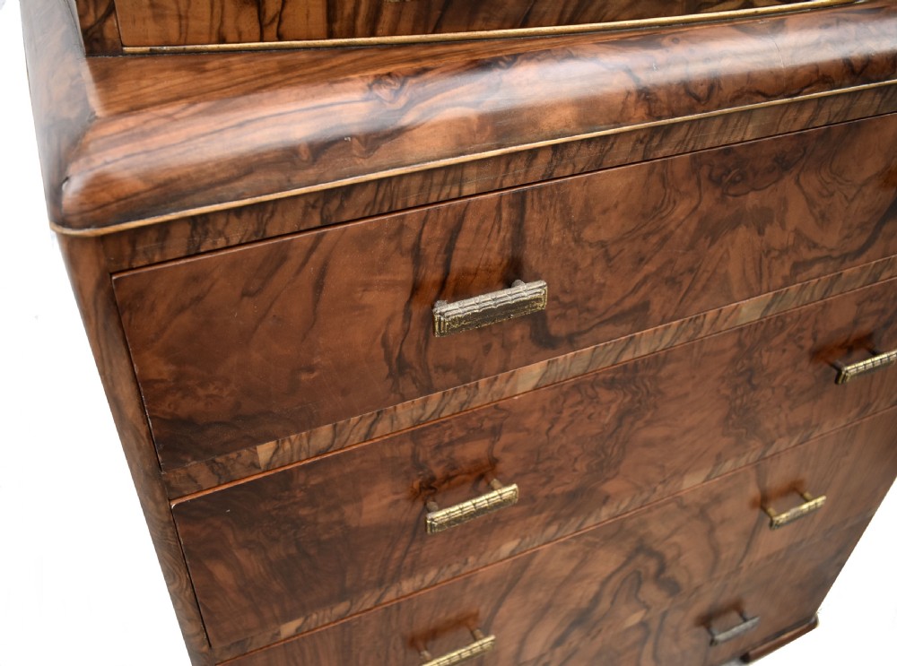 Art Deco English Burr Walnut Chest Of Five Drawers,  c1930's  View XI