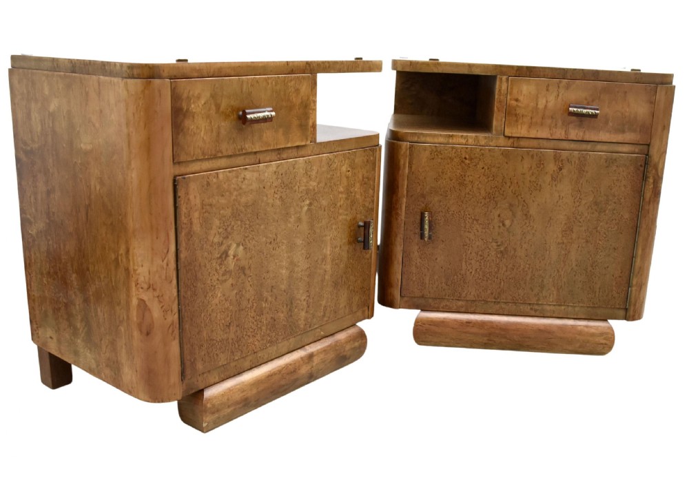 A matching pair of 1930s Art Deco burr elm bedside cabinets featuring top drawers, open compartments, single-door cupboards, and rounded plinth bases. View XIII