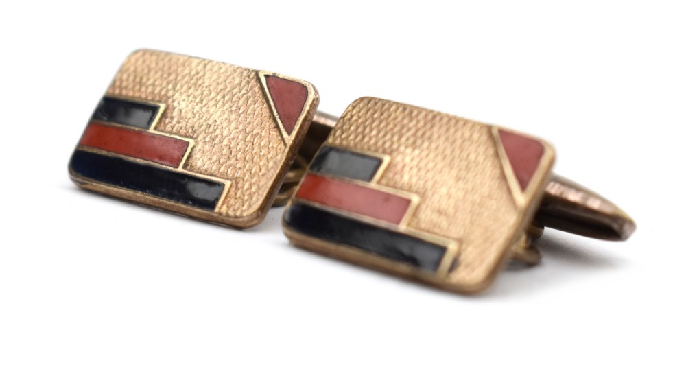 Art Deco Rolled Gold Pair of Enamel Gents Cufflinks, c1930 View III