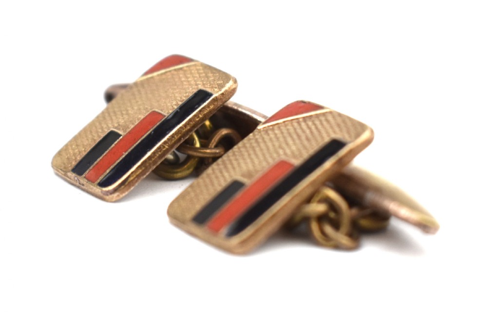 Art Deco Rolled Gold Pair of Enamel Gents Cufflinks, c1930 View V