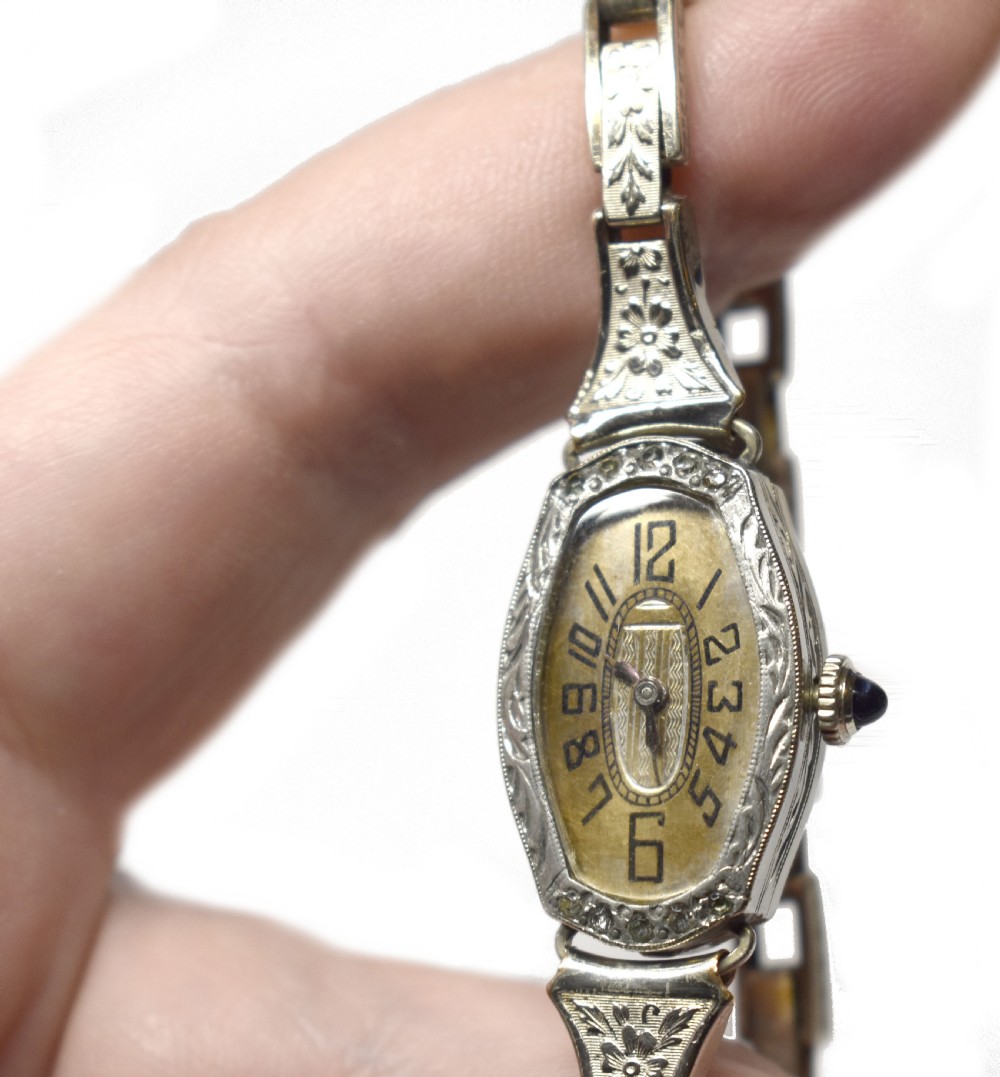 Art Deco 14k White Rolled Gold Ladies Watch, Serviced, c1929 View III