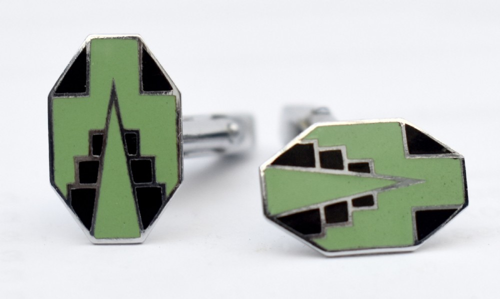 Art Deco Original Gentleman's Green & Black Enamel Cufflinks, English, C1930