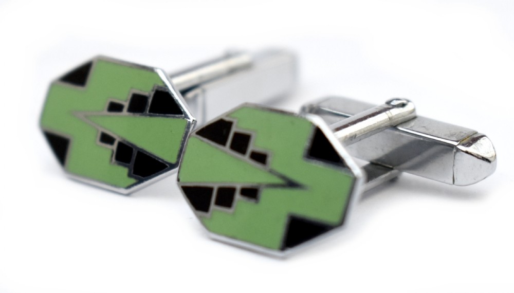 Art Deco Original Gentleman's Green & Black Enamel Cufflinks, English, C1930 View V