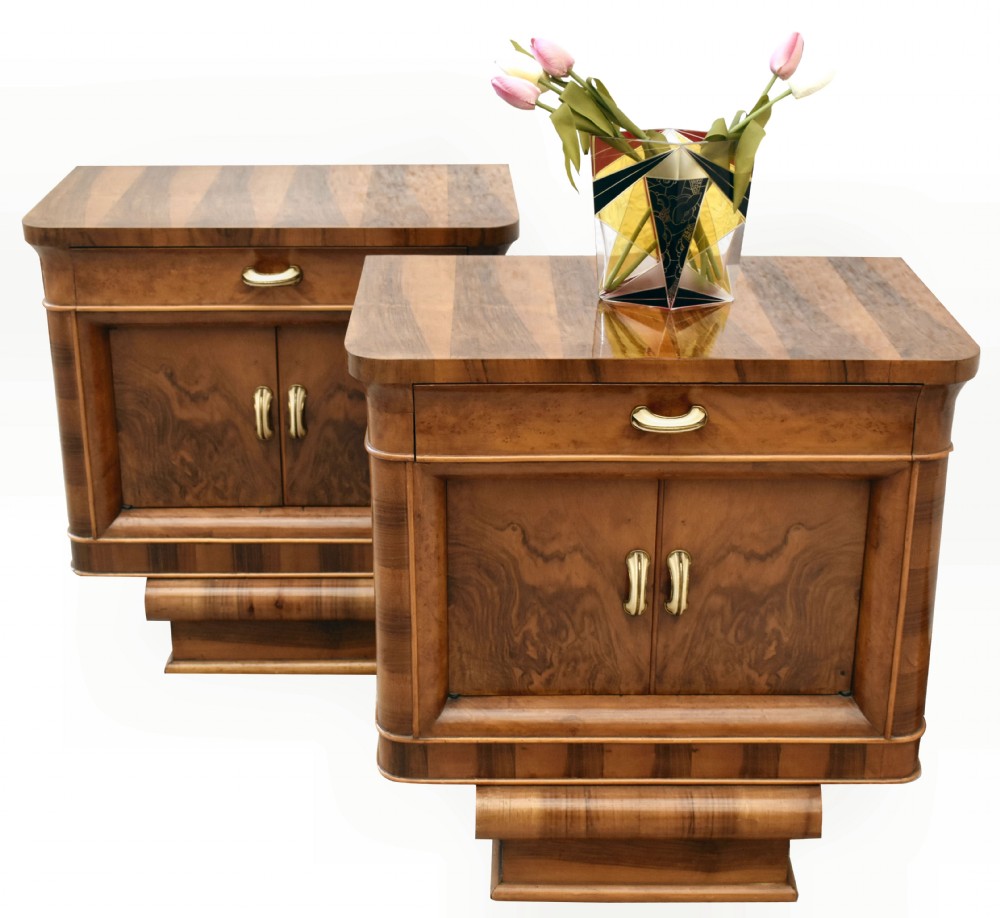 Art Deco Italian Matching Pair Of Walnut Bedside Cabinets, c1930