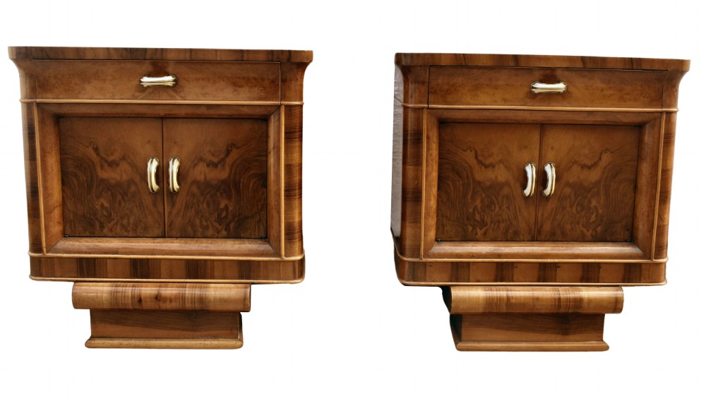 Art Deco Italian Matching Pair Of Walnut Bedside Cabinets, c1930 View II