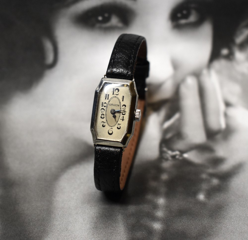 Art Deco 14k White Gold Watch By Gruen, c1927
