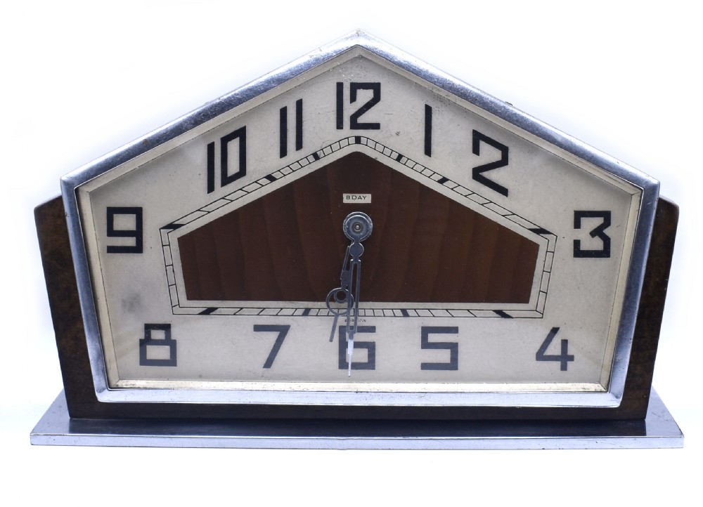 Art Deco Stylish Geometric Chrome & Oak 8 Day Mantle Clock, France, c1930's View VI