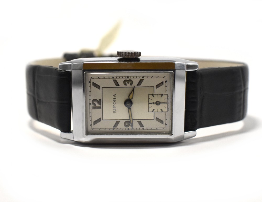 Art Deco 1930's Gents Chrome Wristwatch, Never Used, By Bifora, Germany View III