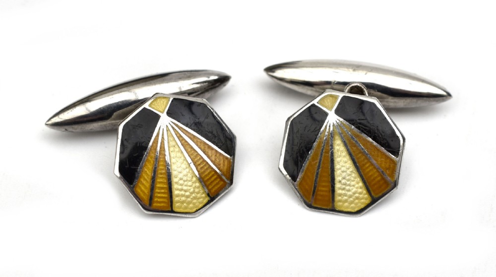 Art Deco Silver & Guilloche Gents Cufflinks By Charles Horner, c1930 View II