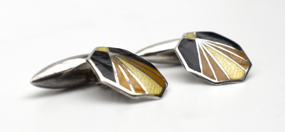 Art Deco Silver & Guilloche Gents Cufflinks By Charles Horner, c1930 View IV