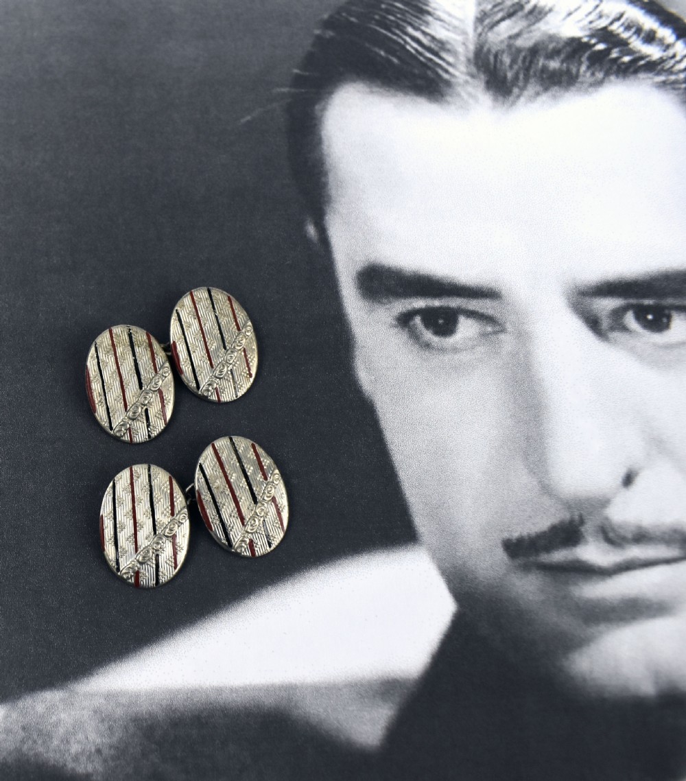 Art Deco Gents Rare Silver Plated & Enamel Cufflinks, c1930 View II