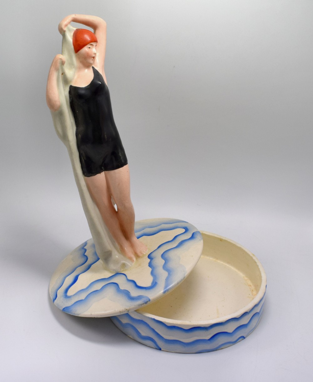 Art Deco Super Rare Ceramic Bathing Belle Powder Box, c1930 View II
