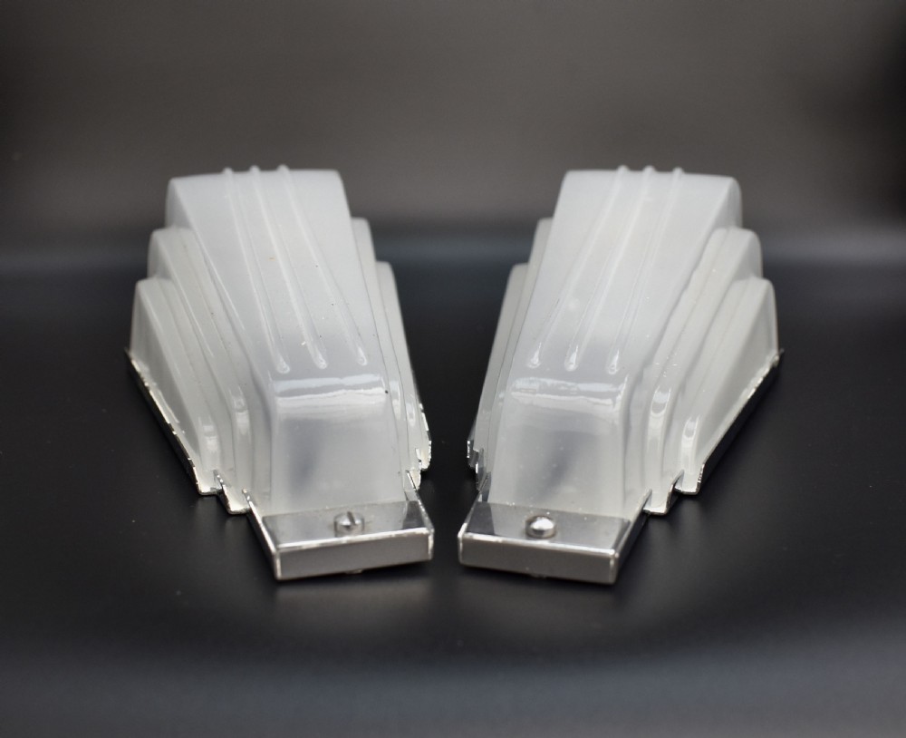 Art Deco Pair Of Odeon Opaque Glass Wall Lights, c1930 View III