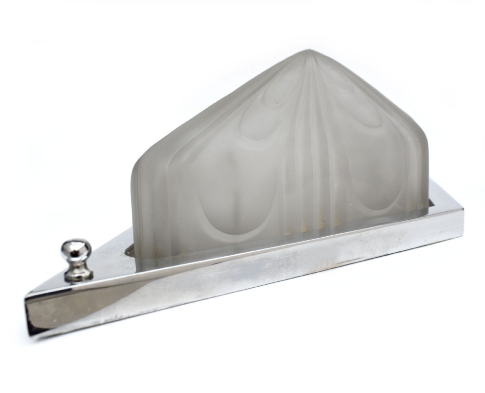 Art Deco Superb Large Original Opaque Glass Chrome Wall Light 38cm Long, c1930 View VIII