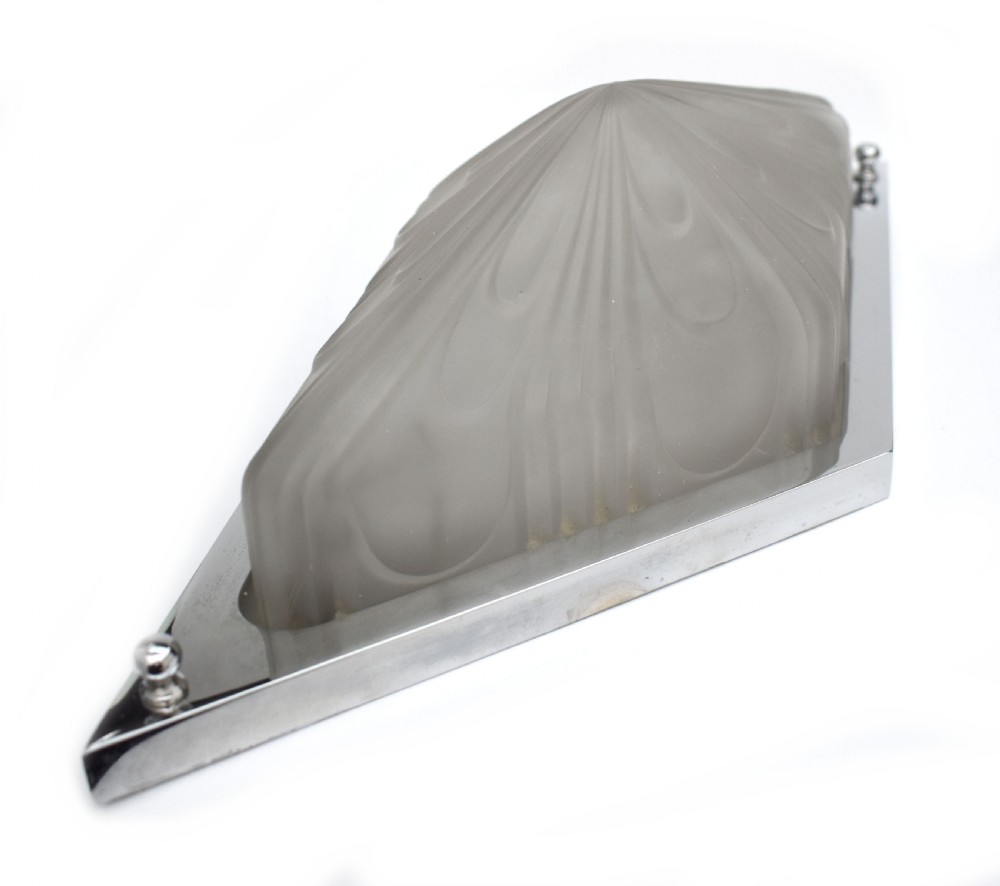 Art Deco Superb Large Original Opaque Glass Chrome Wall Light 38cm Long, c1930 View IX