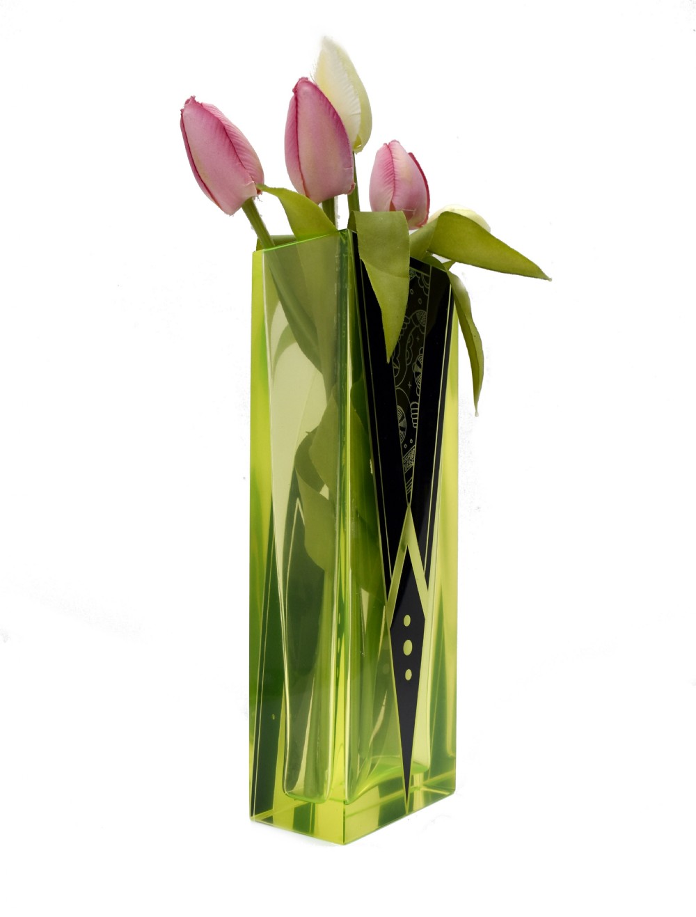 A tall rectangular yellow-green glass vase featuring black geometric Art Deco enamel patterns. View V