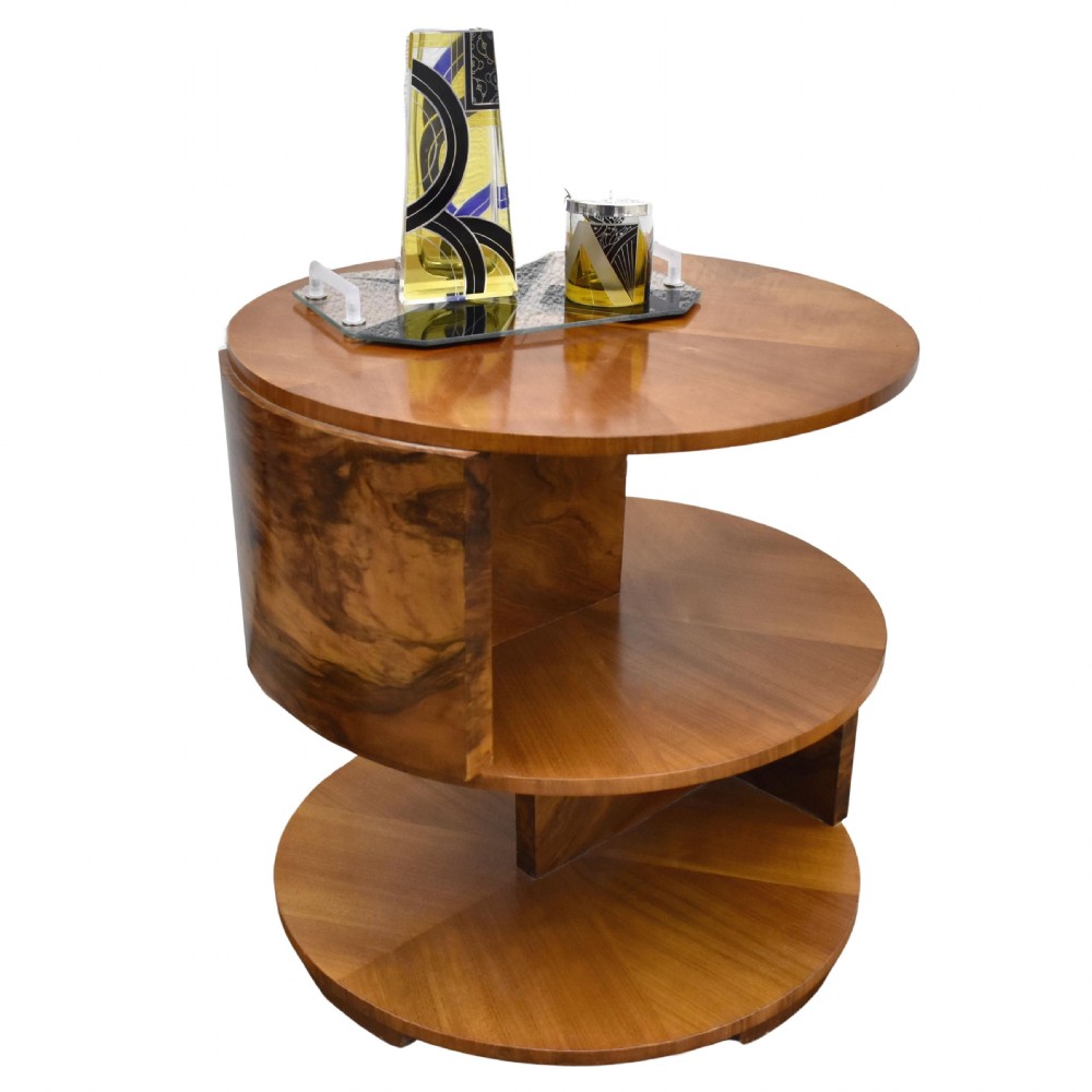 Art Deco Walnut Drum Book Table, English, c1930 View IV