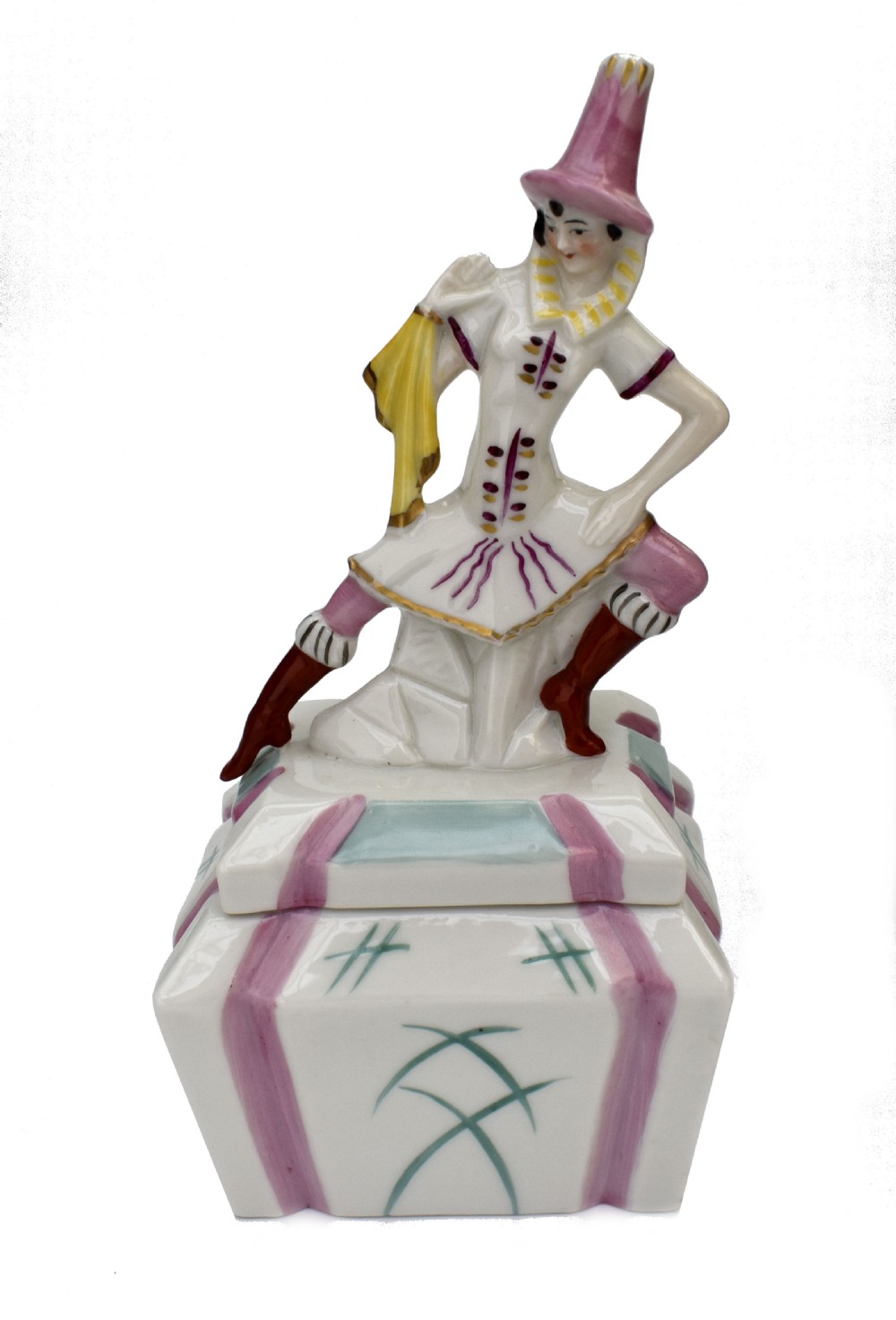 Art Deco Rare Porcelain Jester Powder, Trinket Box, German, c1930