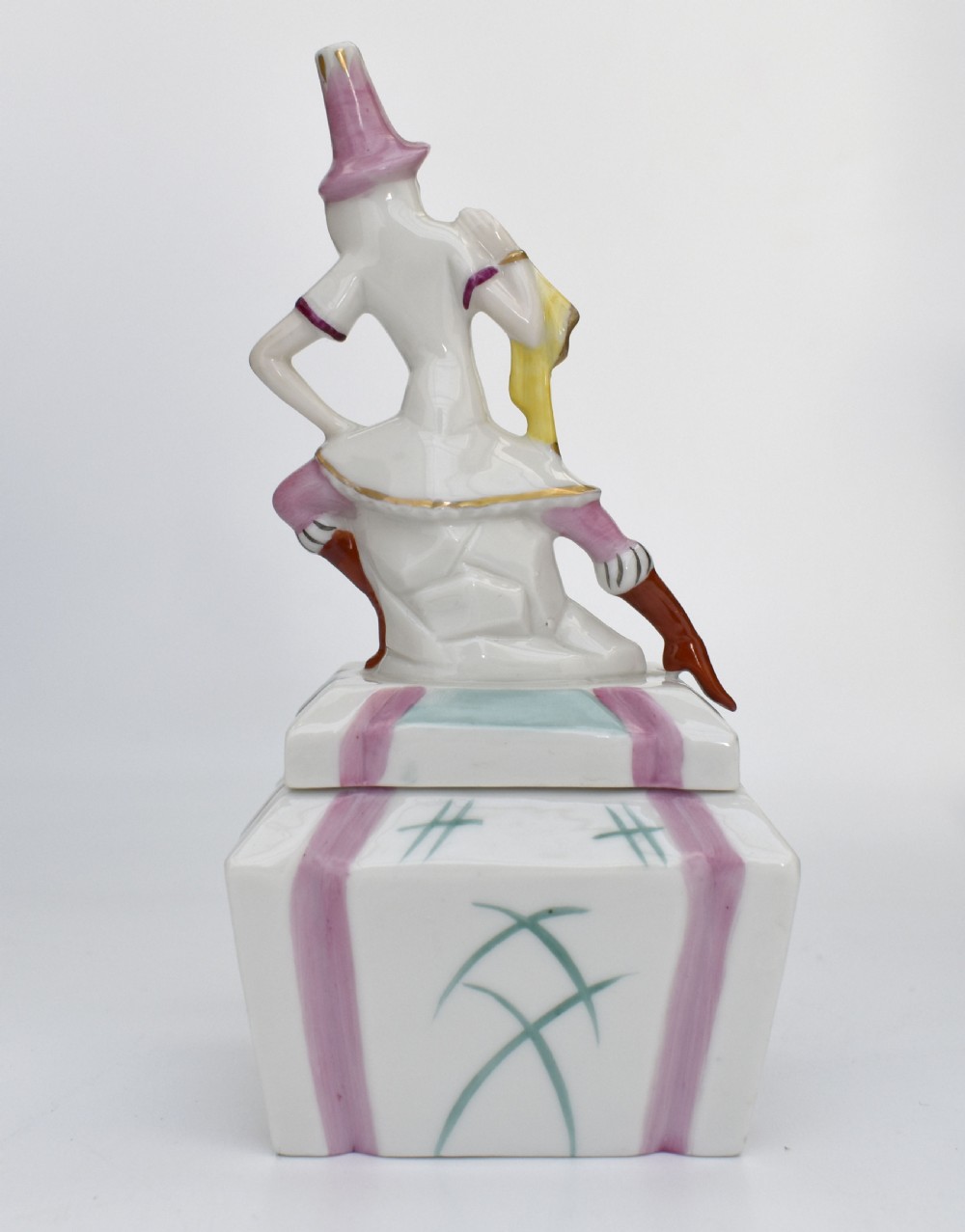 An Art Deco German porcelain trinket box featuring a hand-painted jester figure sitting atop a geometric patterned lidded base. View IV