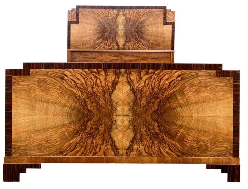 Art Deco Skyscraper Walnut & Macassar Double Bed, English, 1930's