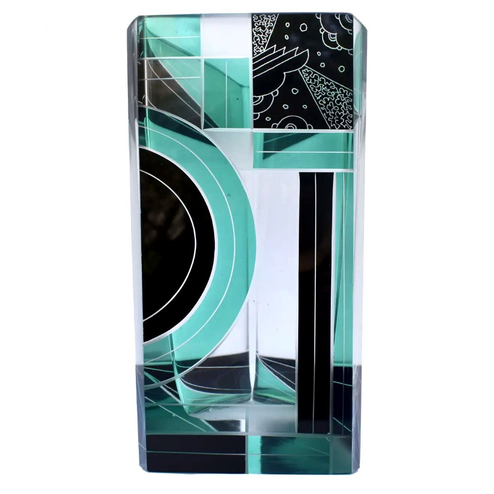 Art Deco Huge Cut Glass & Enamel Etched Vase, c1930