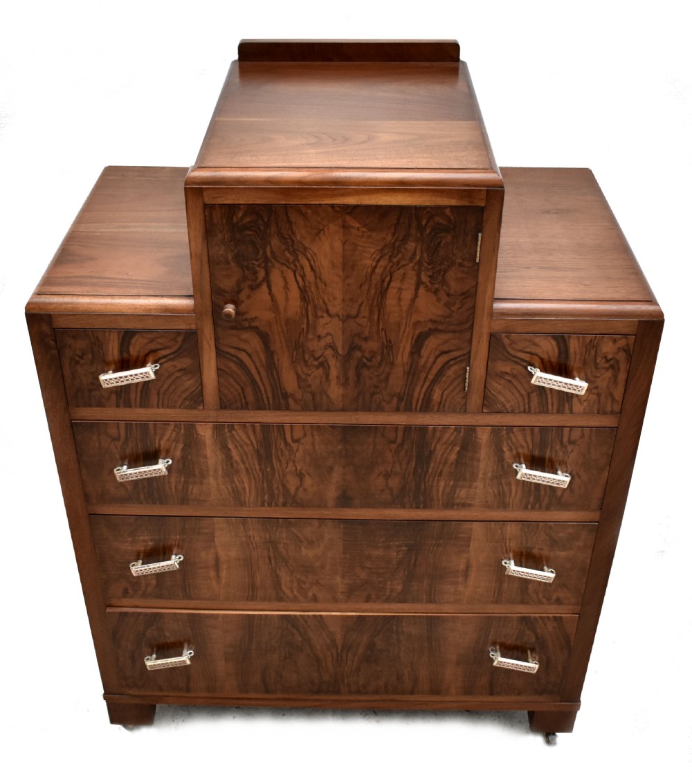 Art Deco English Burr Walnut Chest Of Five Drawers, c1930's View III
