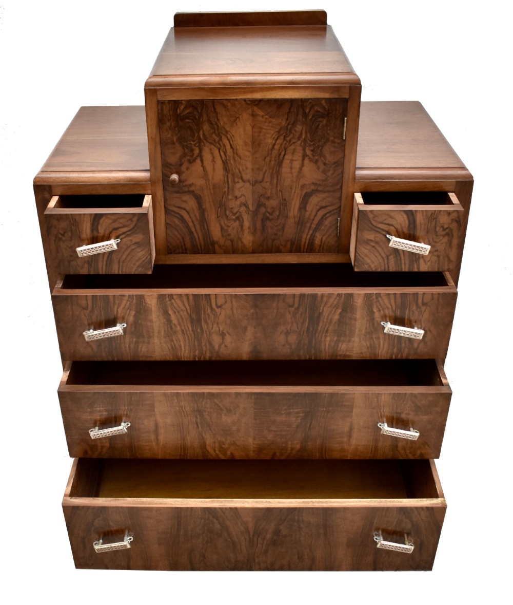 Art Deco English Burr Walnut Chest Of Five Drawers, c1930's View V