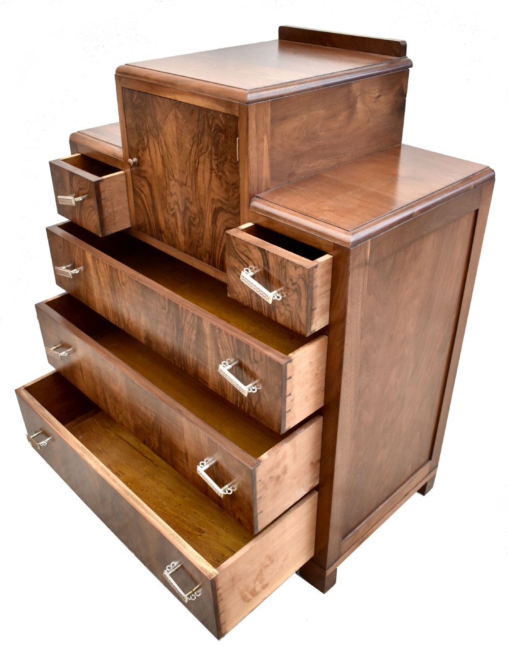 Art Deco English Burr Walnut Chest Of Five Drawers, c1930's View VI