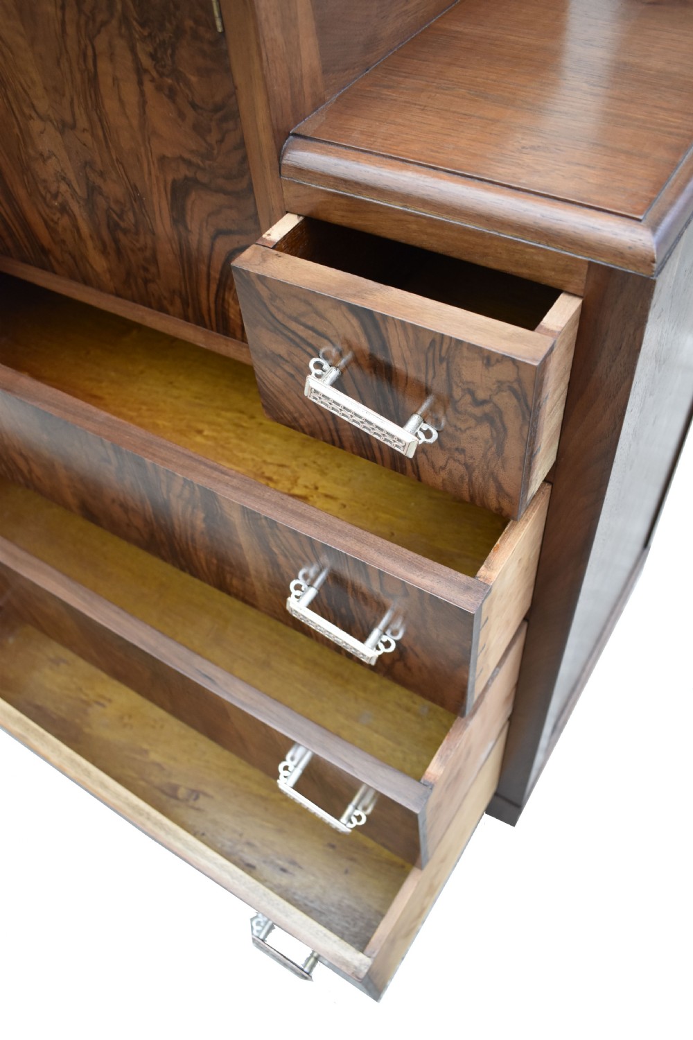 Art Deco English Burr Walnut Chest Of Five Drawers, c1930's View VII