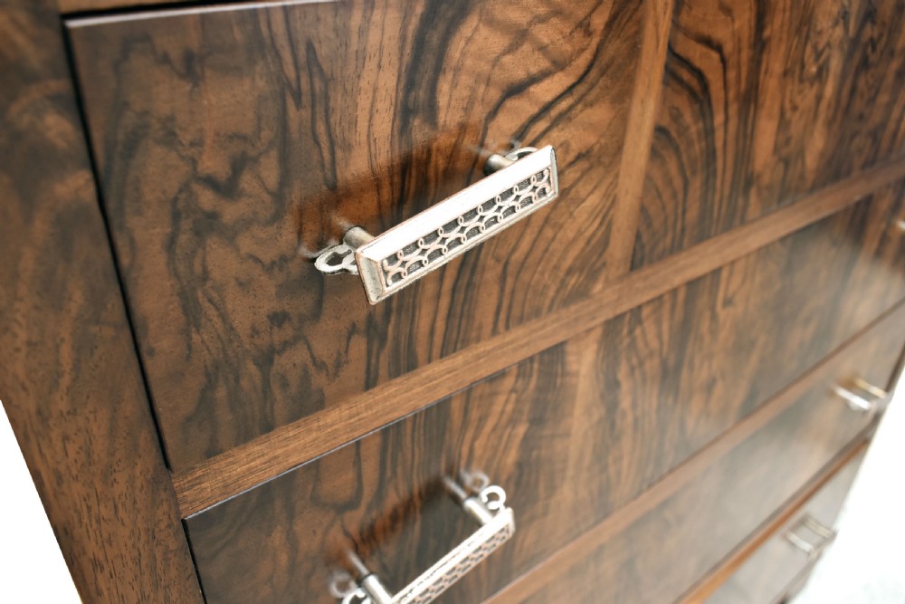 Art Deco English Burr Walnut Chest Of Five Drawers, c1930's View VIII