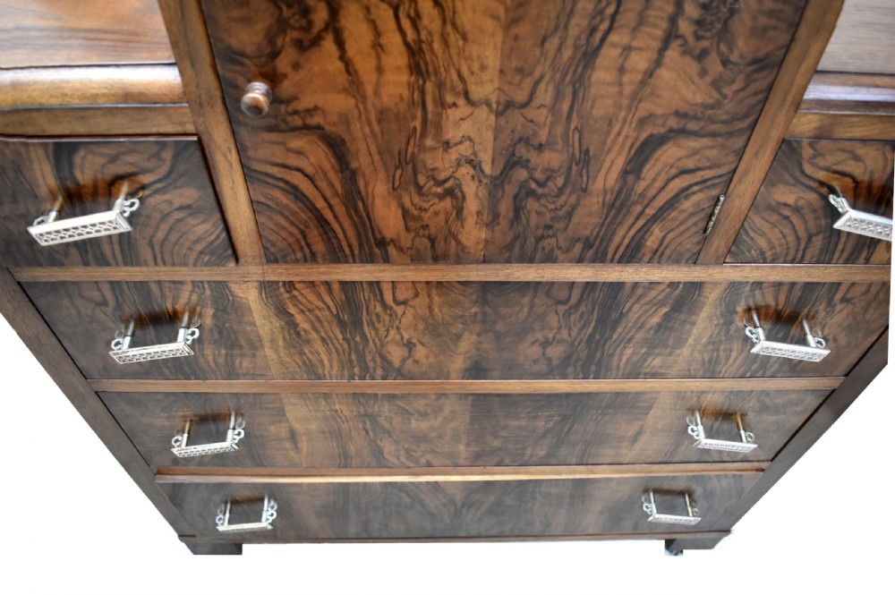Art Deco English Burr Walnut Chest Of Five Drawers, c1930's View X