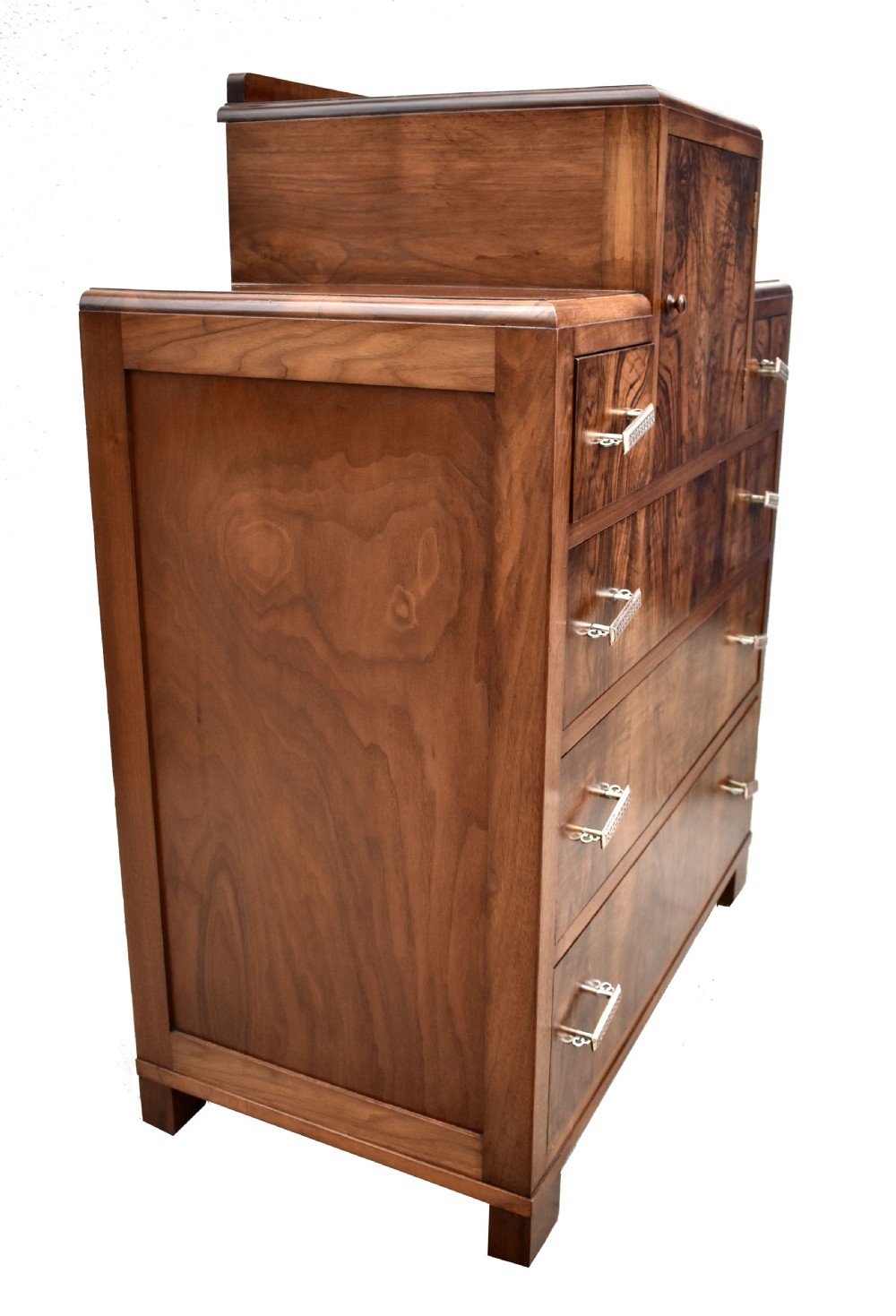 Art Deco English Burr Walnut Chest Of Five Drawers, c1930's View XI