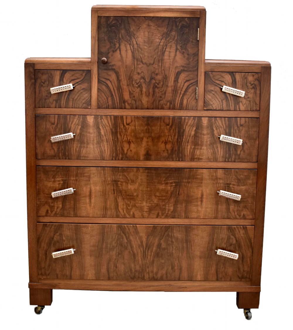 Art Deco English Burr Walnut Chest Of Five Drawers, c1930's