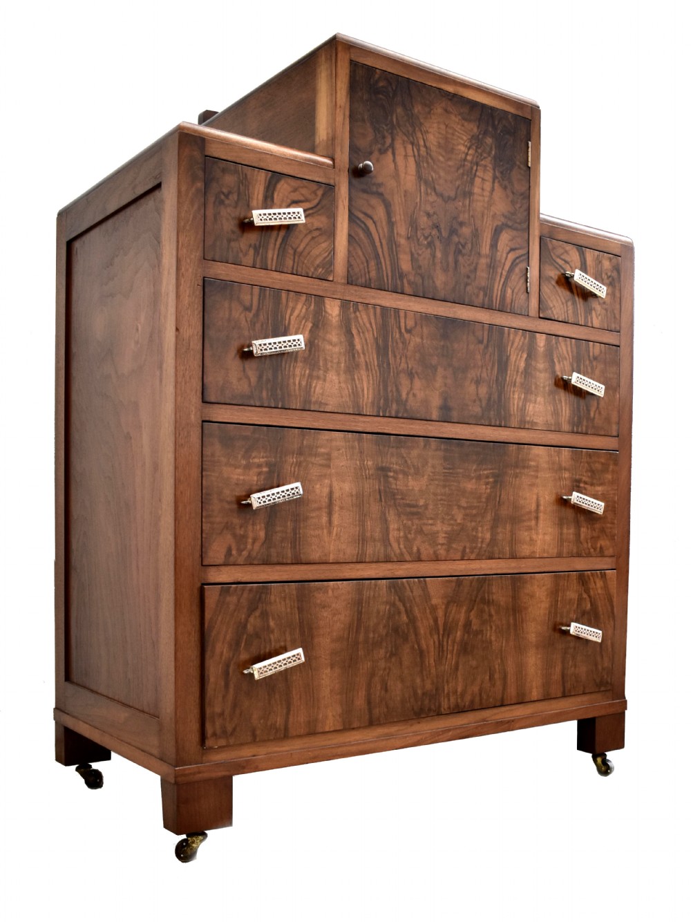 Art Deco English Burr Walnut Chest Of Five Drawers, c1930's View IV