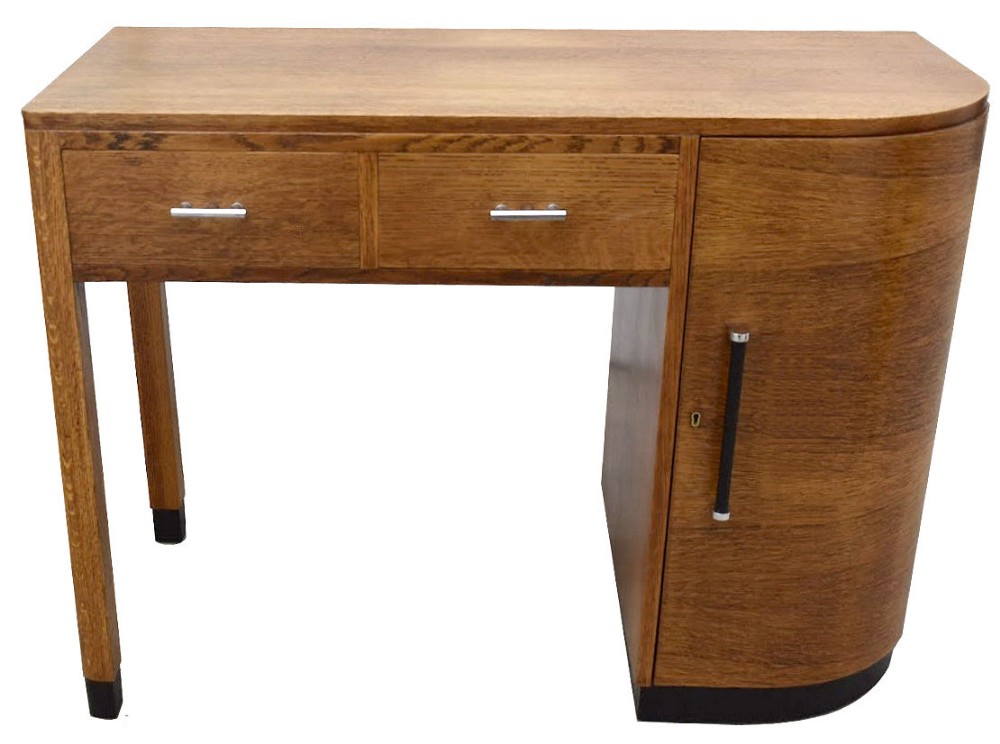 Art Deco Modernist D End Two Drawer Desk, c1930