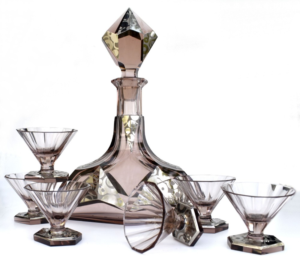 Art Deco Czech Glass 7 Piece Decanter Set, c1930