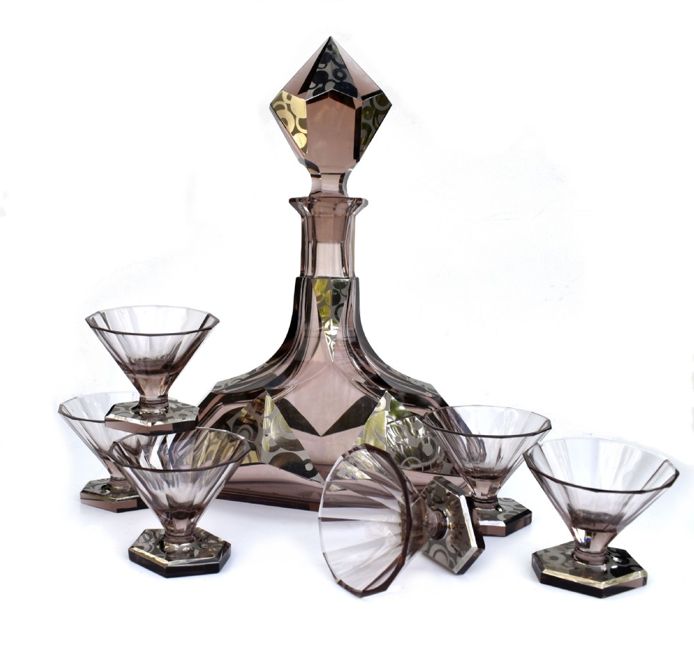 Art Deco Czech Glass 7 Piece Decanter Set, c1930 View XII