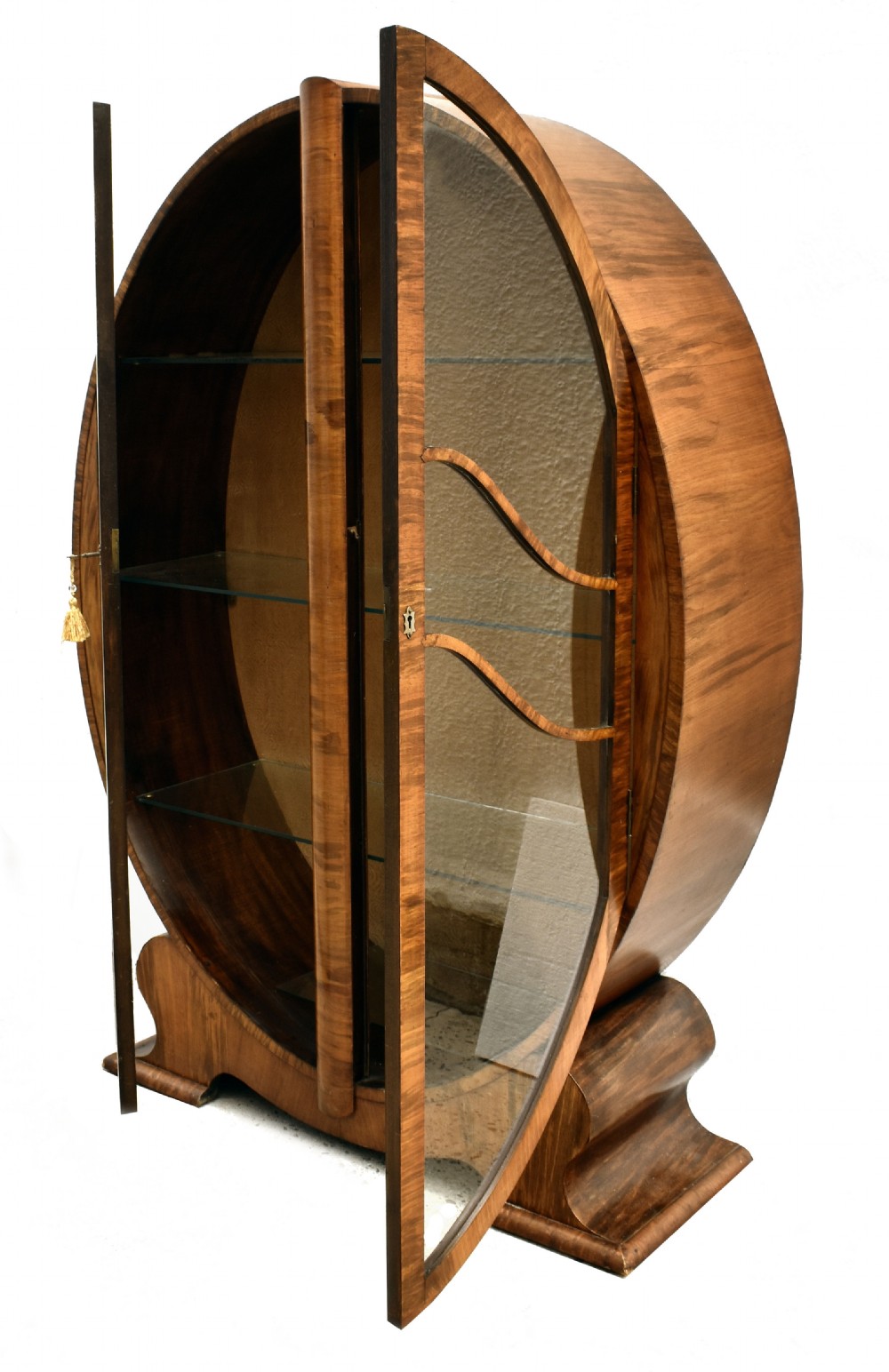Original Art Deco English Walnut Oval Display Cabinet, c1930 View IV