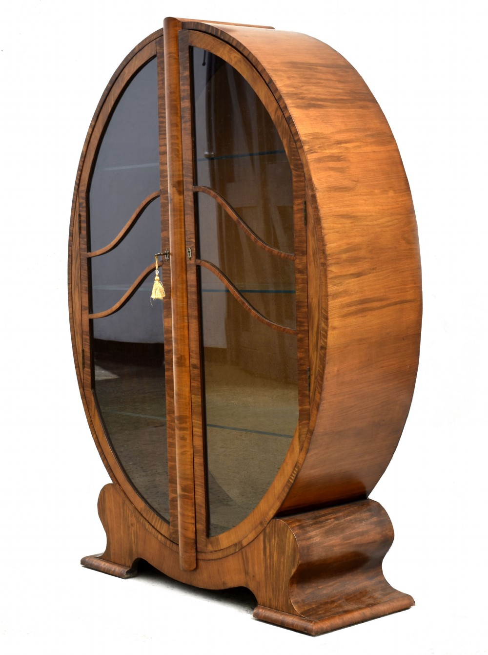 Original Art Deco English Walnut Oval Display Cabinet, c1930 View VII