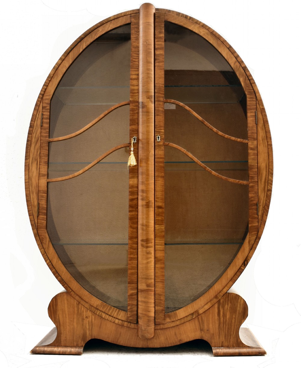 Original Art Deco English Walnut Oval Display Cabinet, c1930 View VIII