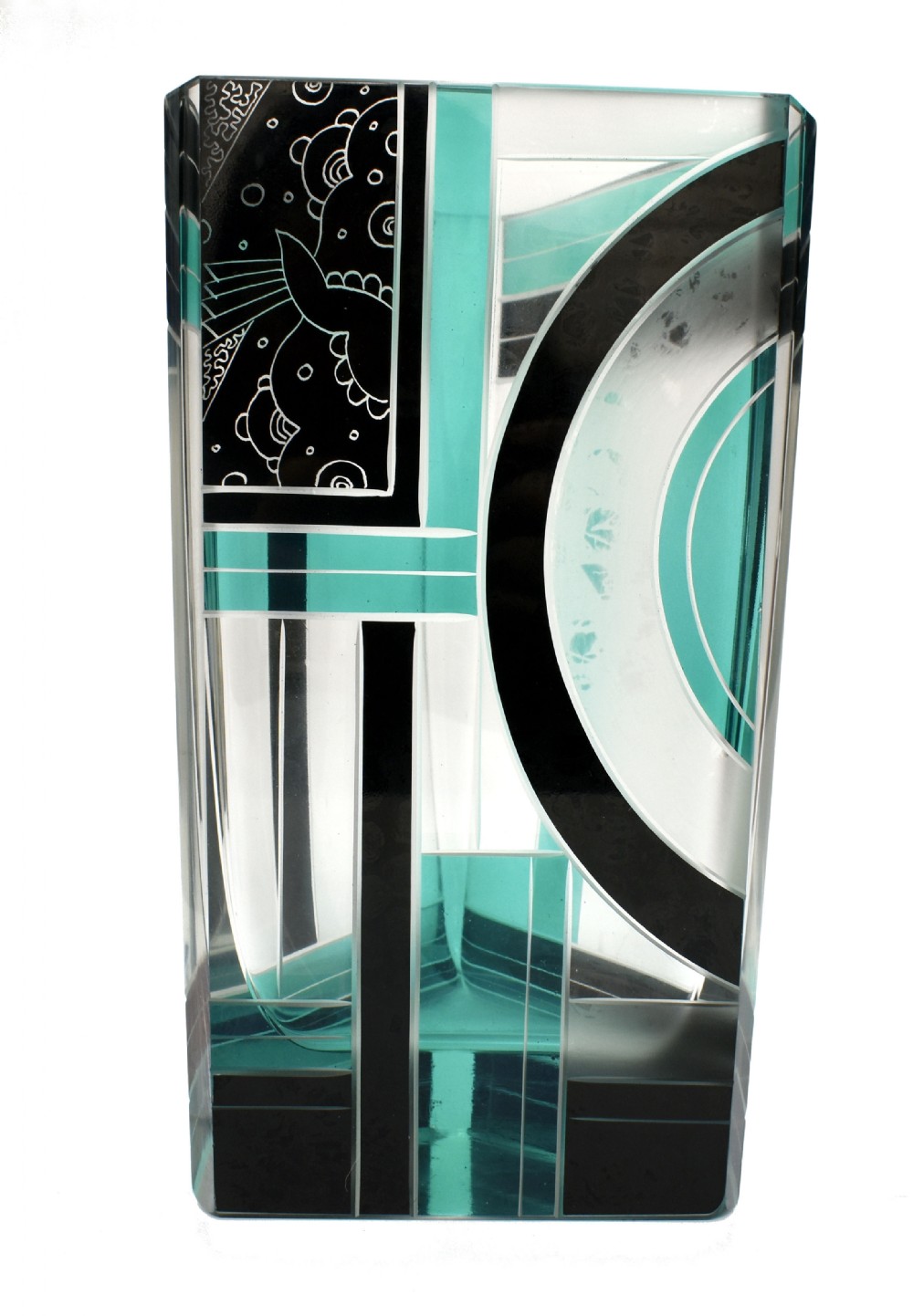 Art Deco Huge Cut Glass & Enamel Etched Vase, c1930
