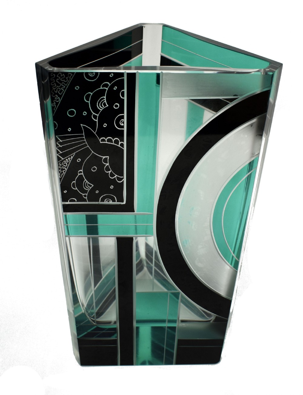 Art Deco Huge Cut Glass & Enamel Etched Vase, c1930 View II